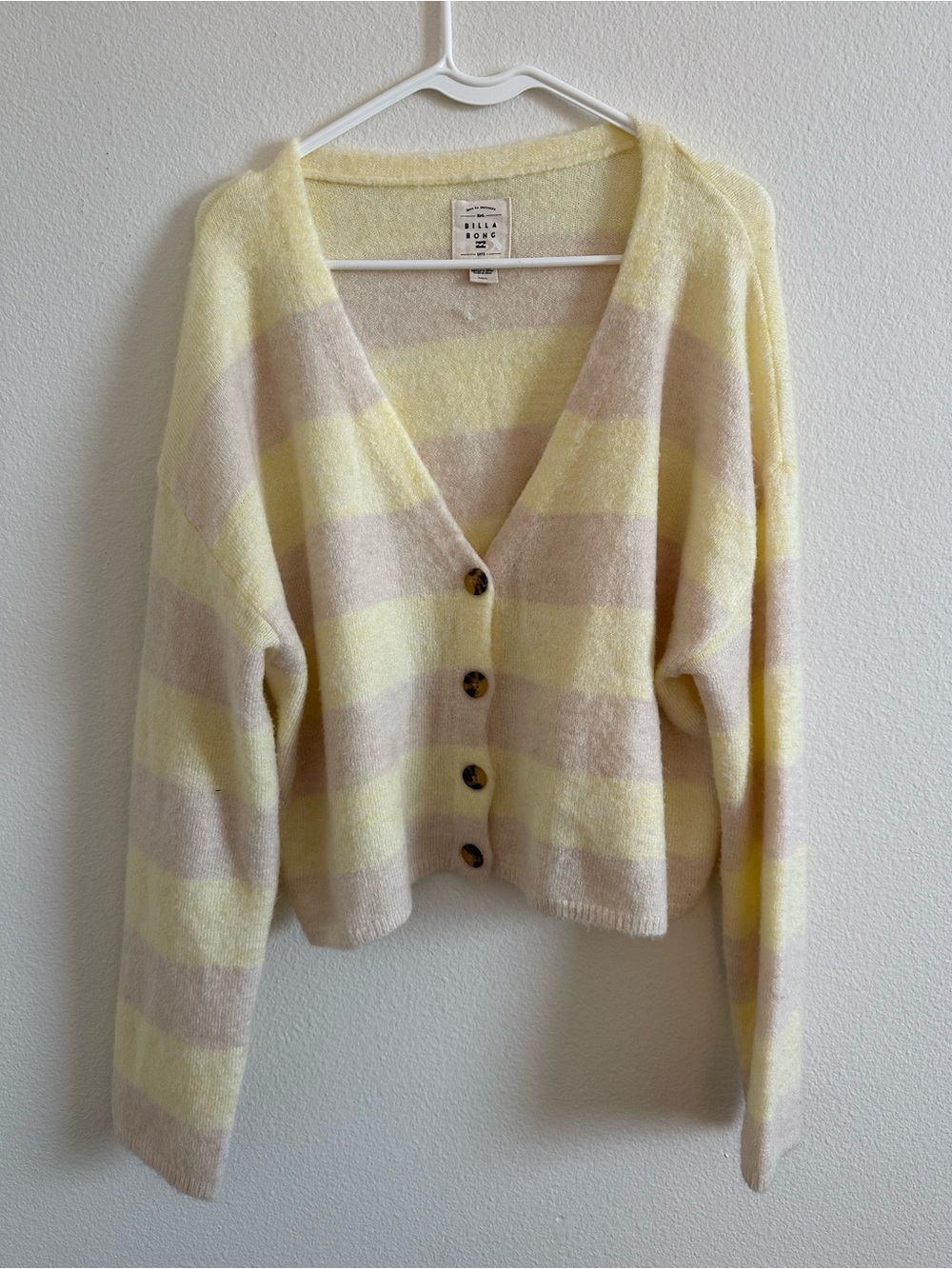 Billabong Striped V-Neck Button Front Cardigan Sweater - Yellow & Cream